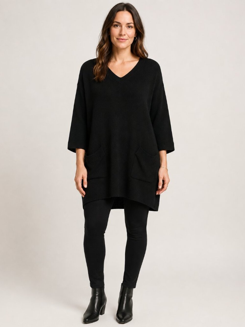 Denim & Co Black V-Neck Tunic Sweater Dolman Sleeve Pockets Size M